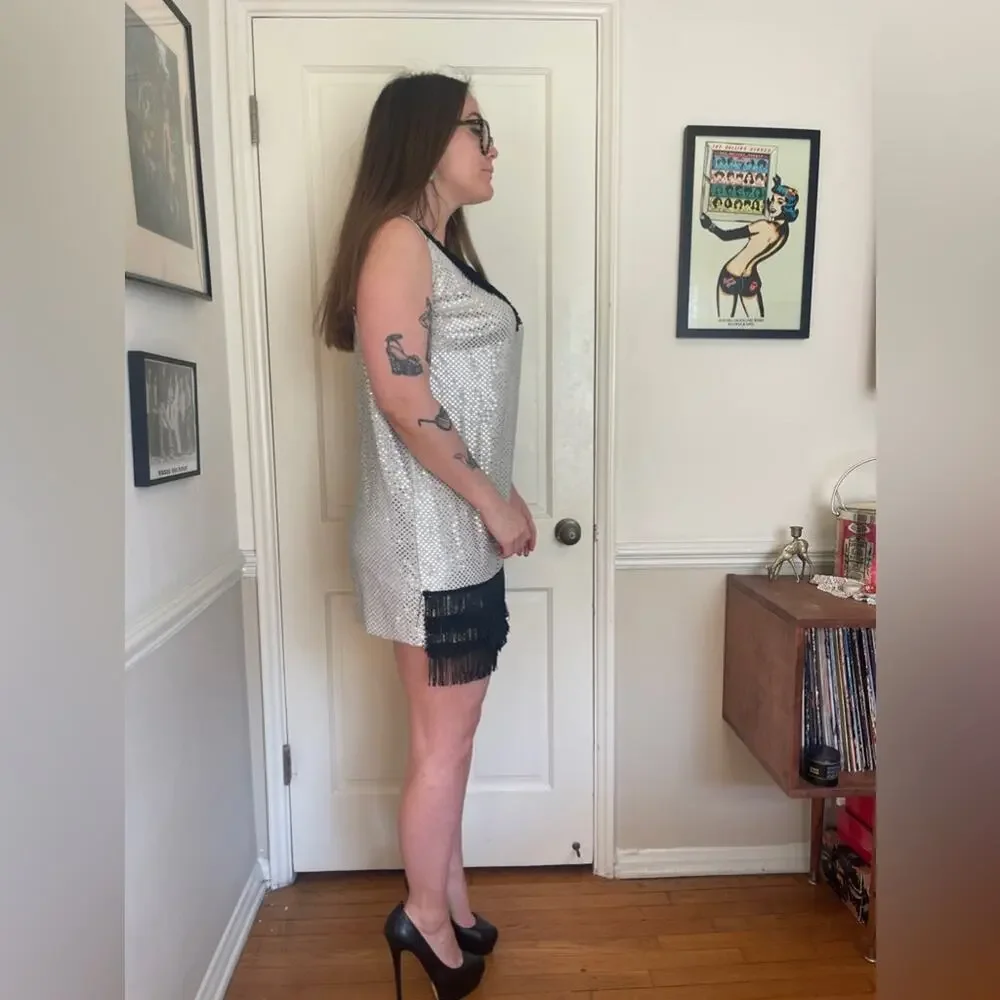 90s Vintage Silver Mirror Sequin Mini Dress with Black Fringe - Picture 2 of 6